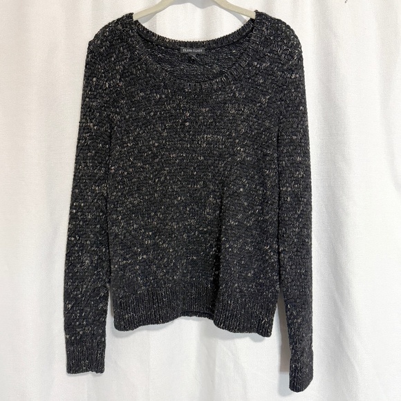 Eileen Fisher Black and Tan Knit Pullover Cotton and Linen Blend Sweater Size M